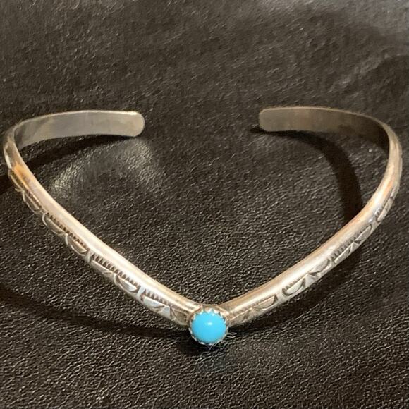 Handmade Sterling Silver Cuff Bracelet w/ Sleeping Beauty Turq & Engraved by DCC - Picture 2 of 9